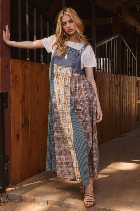 Plus Color Mixed Plaid Overall Maxi Dress