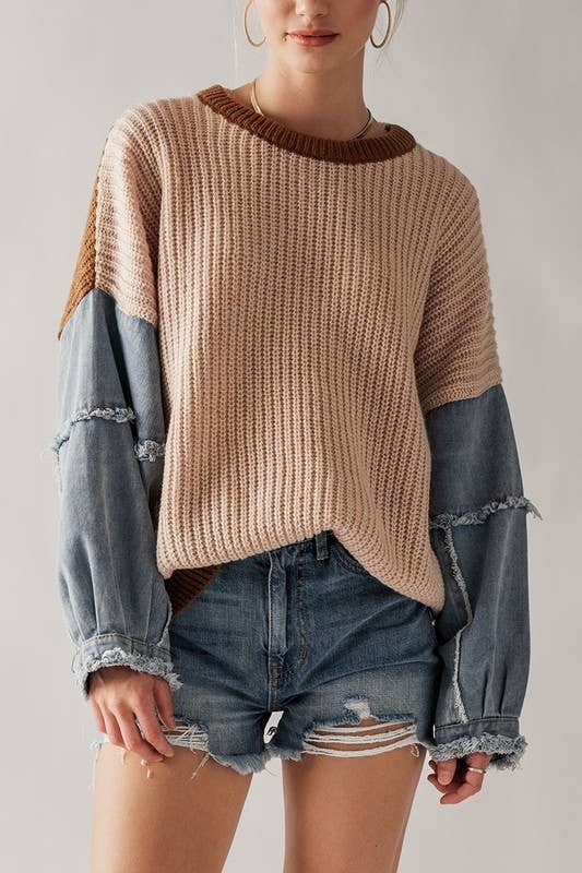 DENIM SLEEVE TWO TONE KNIT SWEATER