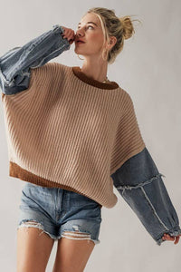 DENIM SLEEVE TWO TONE KNIT SWEATER