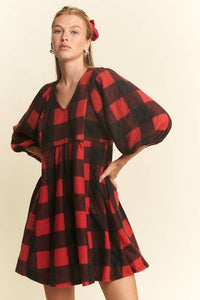 V NECK PLAID BABY DOLL DRESS