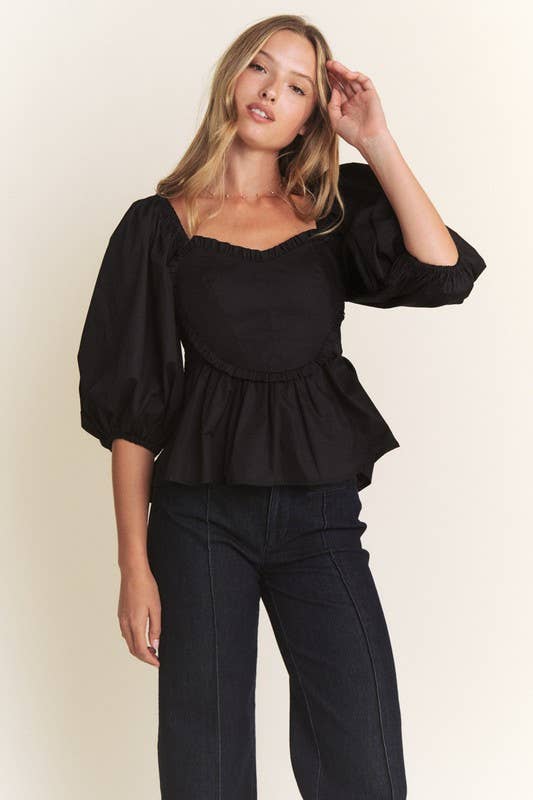 HEART SHAPED BUST 1/2 PUFF SLEEVE PEPLUM TOP