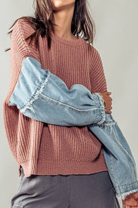 DENIM SLEEVE TWO TONE KNIT SWEATER