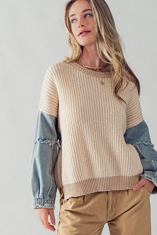 DENIM SLEEVE TWO TONE KNIT SWEATER