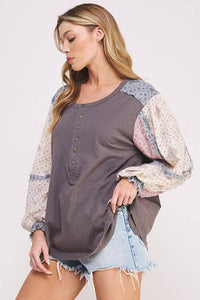 PLUS SIZE PRINTED PATCHWORK LONG SLEEVE BUTTON DOWN TOP