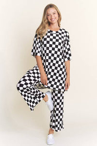 RIBBED CHECKERED PRINT TOP/STRAIGHT LEG PANTS SET