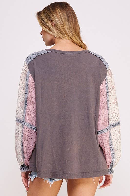 PLUS SIZE PRINTED PATCHWORK LONG SLEEVE BUTTON DOWN TOP