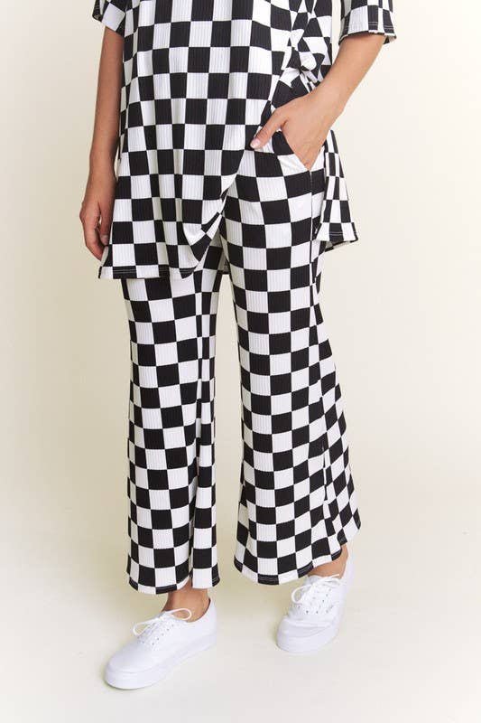 RIBBED CHECKERED PRINT TOP/STRAIGHT LEG PANTS SET