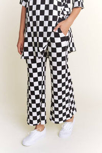 RIBBED CHECKERED PRINT TOP/STRAIGHT LEG PANTS SET