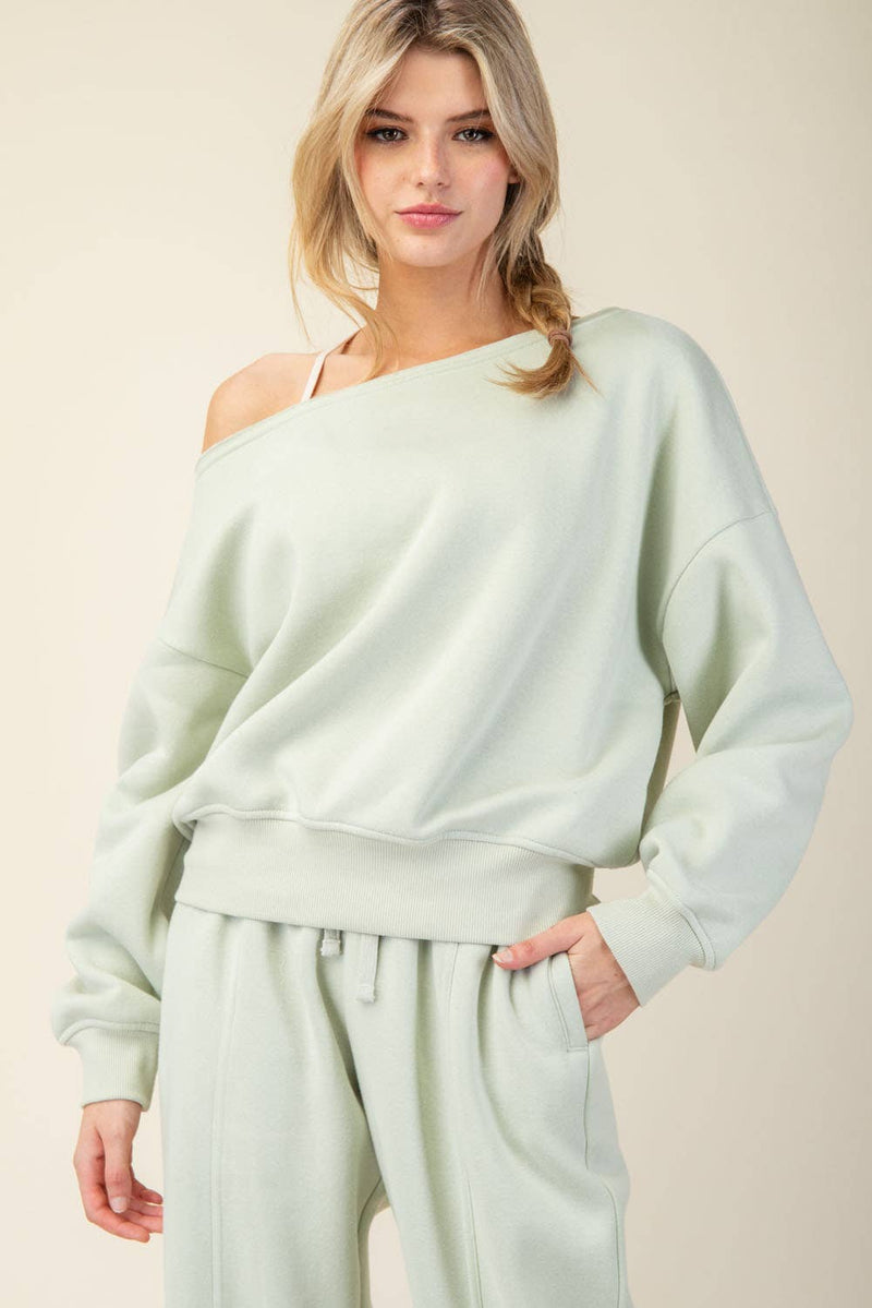 FRENCH TERRY FLEECE OFF SHOULDER SWEATSHIRT