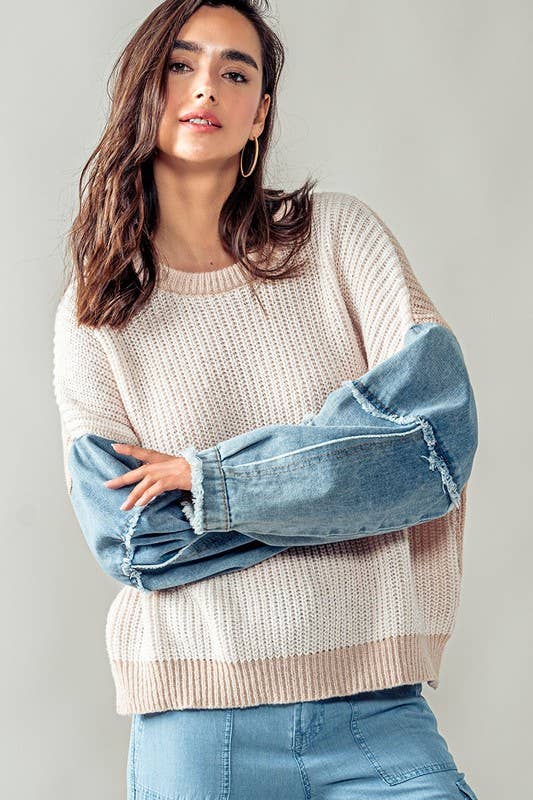 DENIM SLEEVE TWO TONE KNIT SWEATER