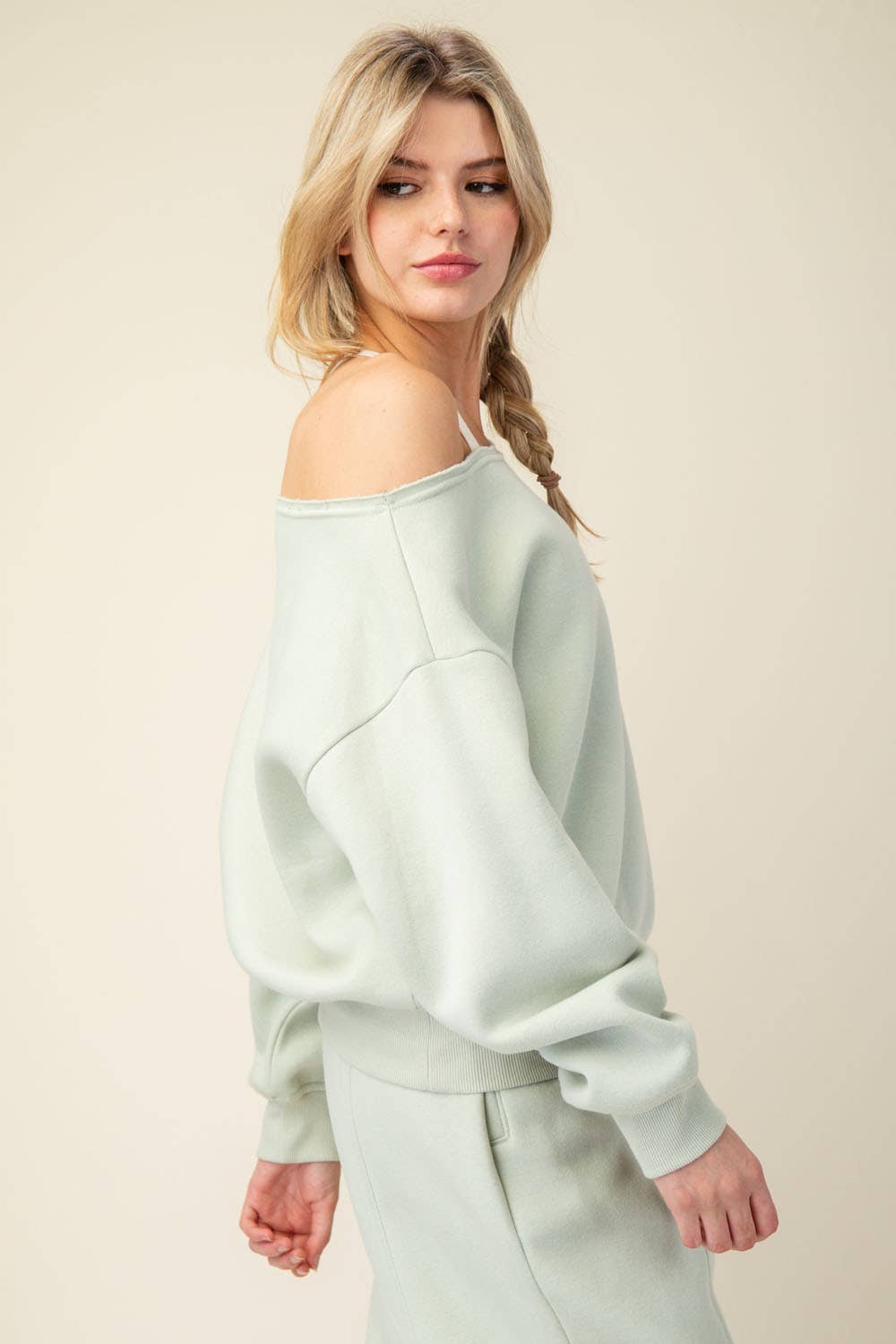 FRENCH TERRY FLEECE OFF SHOULDER SWEATSHIRT