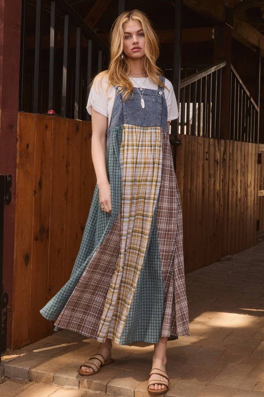 Plus Color Mixed Plaid Overall Maxi Dress