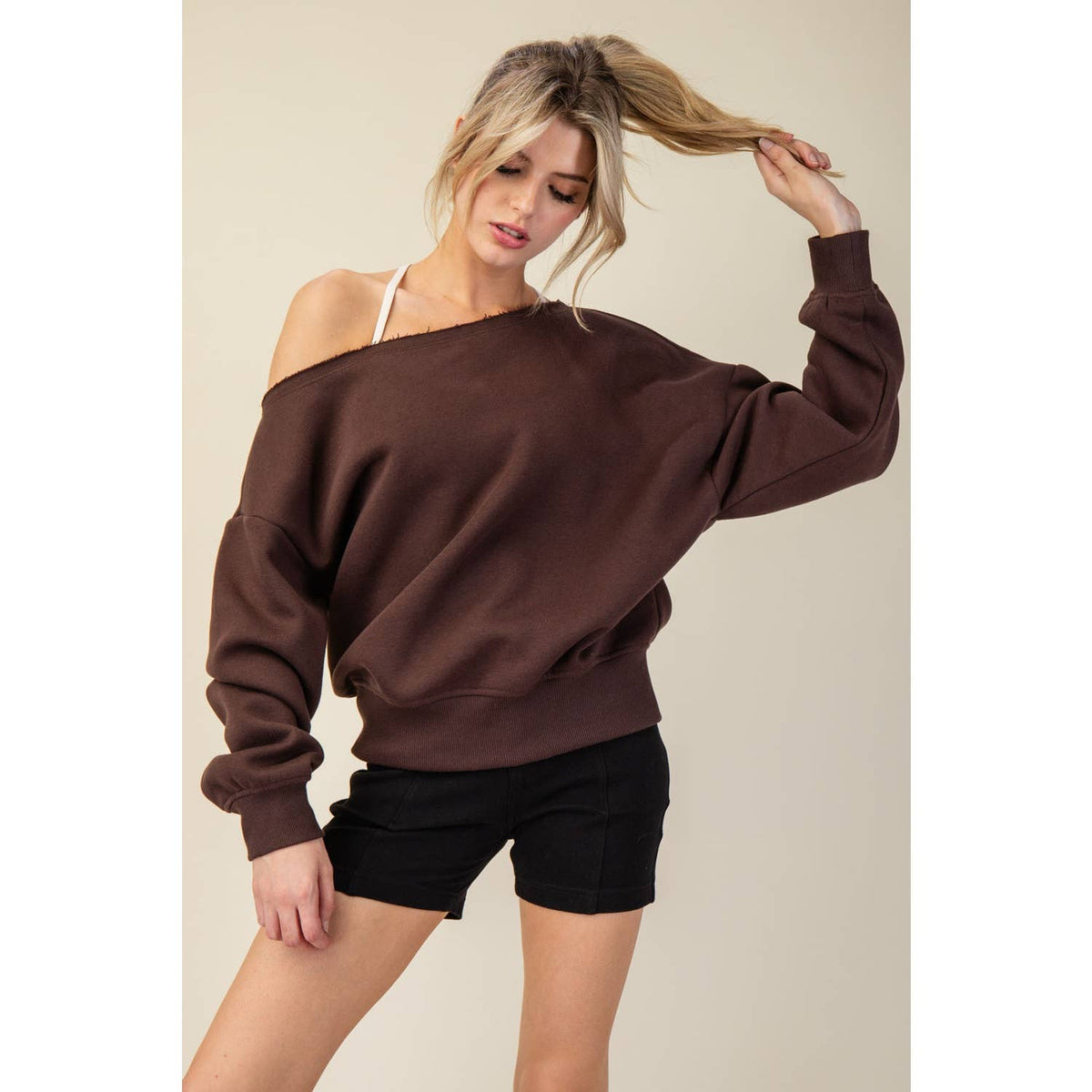 FRENCH TERRY FLEECE OFF SHOULDER SWEATSHIRT