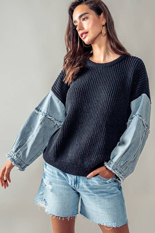 DENIM SLEEVE TWO TONE KNIT SWEATER