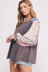 PLUS SIZE PRINTED PATCHWORK LONG SLEEVE BUTTON DOWN TOP