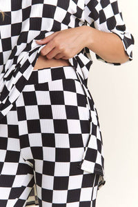 RIBBED CHECKERED PRINT TOP/STRAIGHT LEG PANTS SET