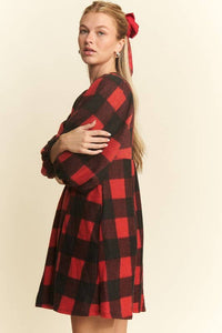 V NECK PLAID BABY DOLL DRESS