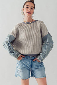 DENIM SLEEVE TWO TONE KNIT SWEATER