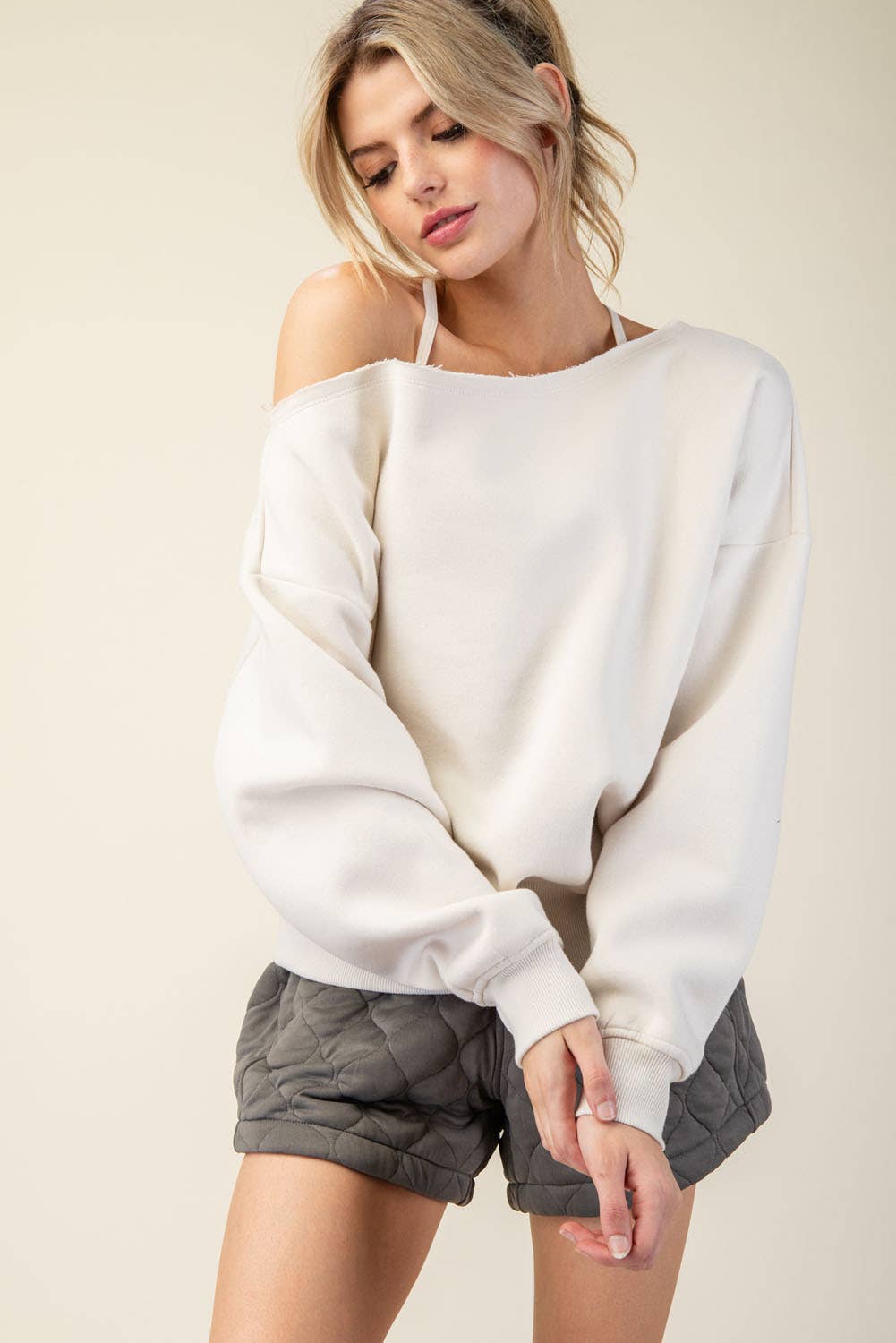 FRENCH TERRY FLEECE OFF SHOULDER SWEATSHIRT