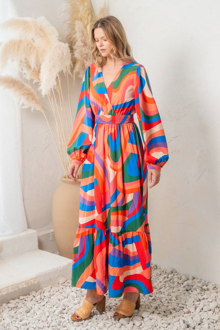 Multi Color Geo Print Front Wrap Maxi Dress