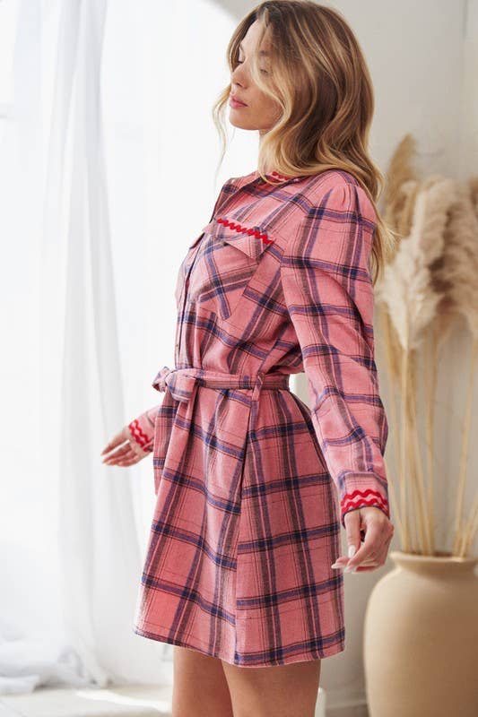 Collared Long Sleeve Plaid Button Down Shirt Dress